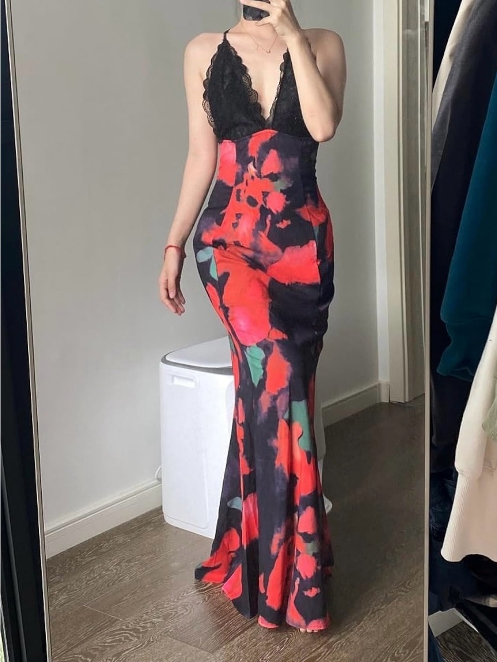 Black & Red Floral Lace-Trim Maxi Dress